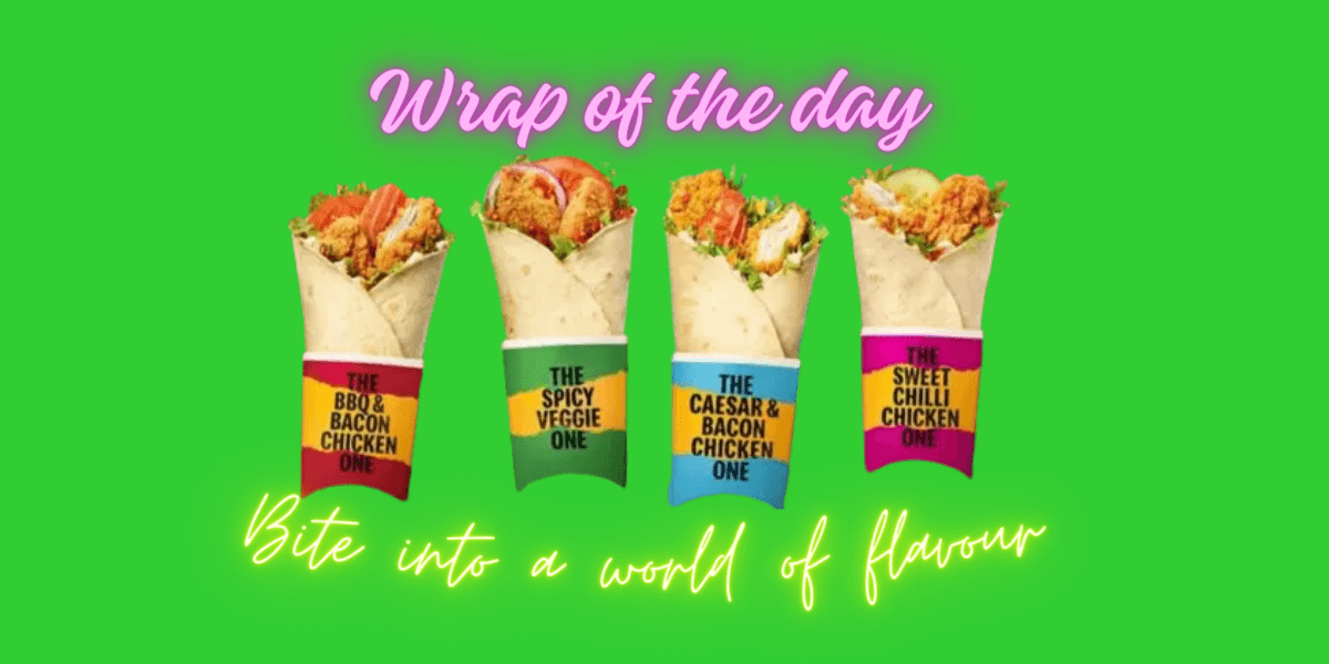 mcdonald's wrap of the day, four maccies wraps on green background